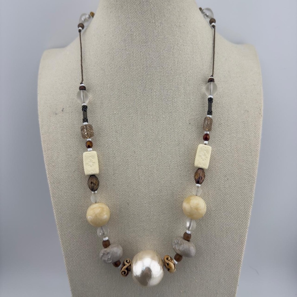 Teresa Goodall Artisan Beaded Necklace Faux Pearl Carved Mixed Media Boho Style